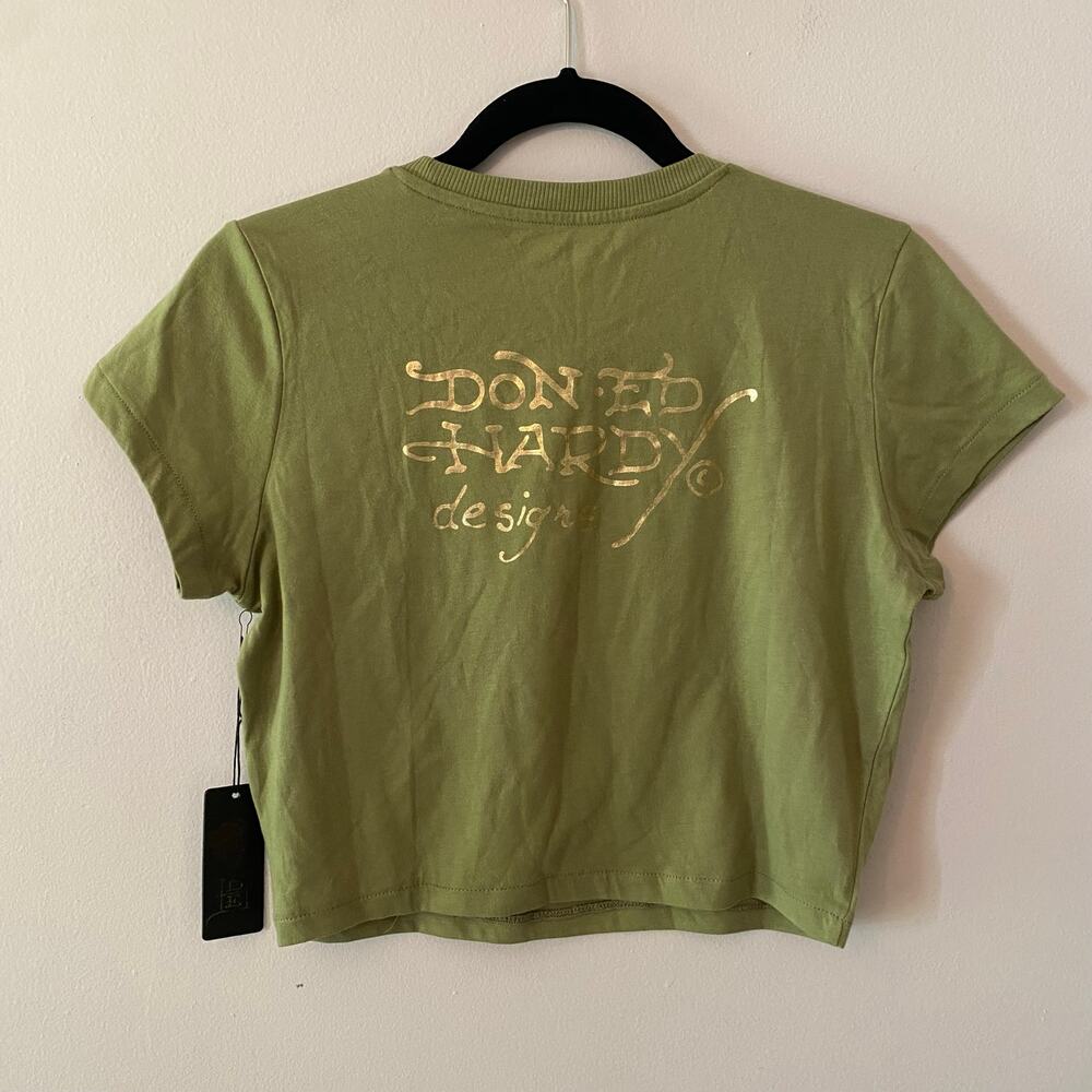 NWT Ed Hardy Green Cropped Baby Tee Death Before Dishonor Women's size Large - Picture 6 of 10